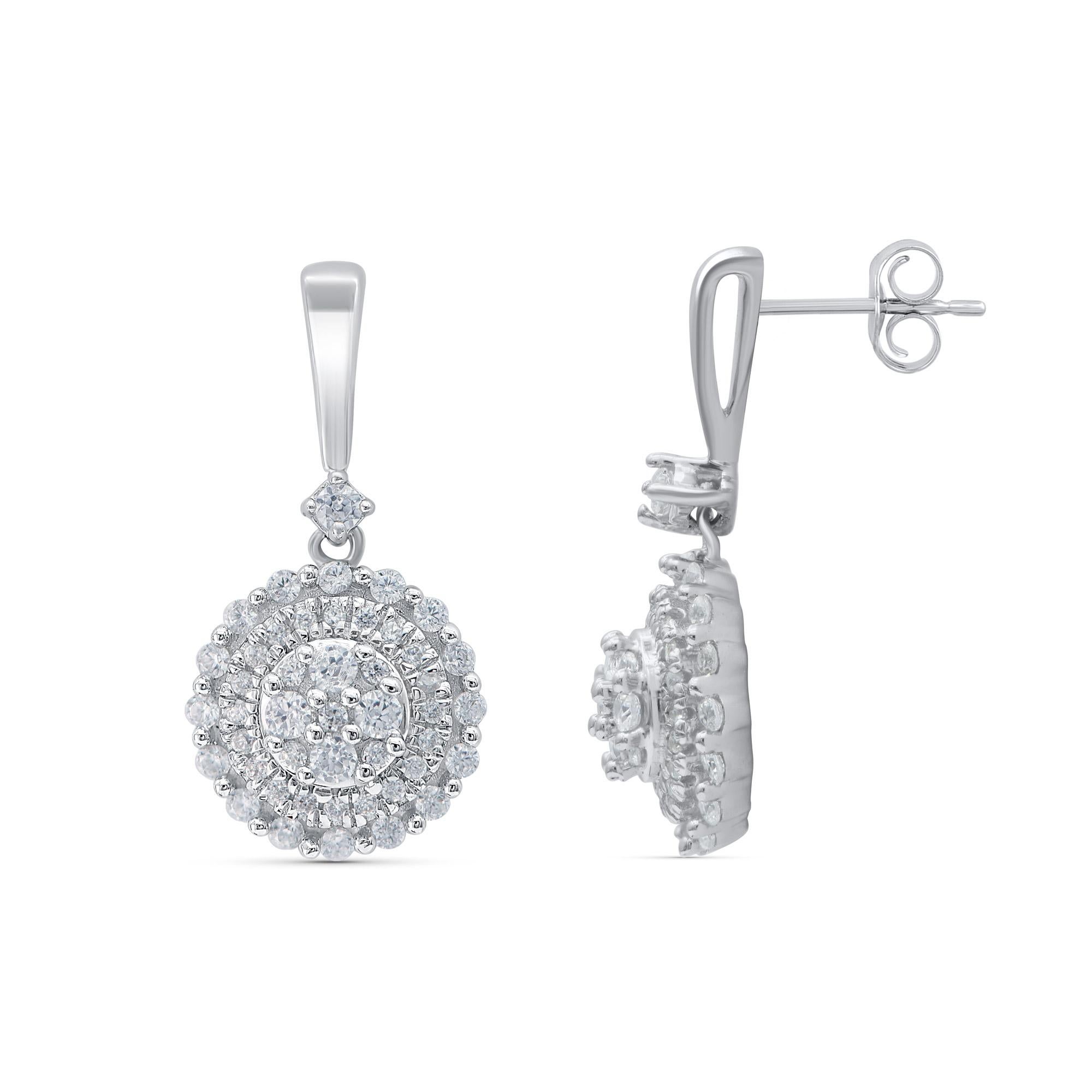 Contemporary TJD 0.50 Carat Natural Round Diamond 14 Karat White Gold Cluster Dangle Earrings For Sale