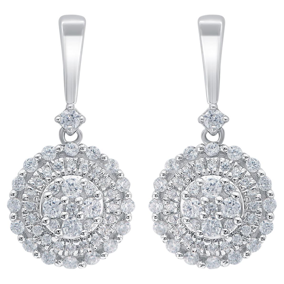 TJD 0.50 Carat Natural Round Diamond 14 Karat White Gold Cluster Dangle Earrings