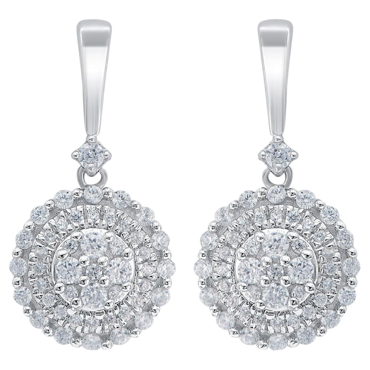TJD 0.50 Carat Natural Round Diamond 14 Karat White Gold Cluster Dangle Earrings