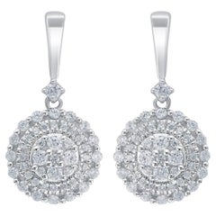 TJD 0.50 Carat Natural Round Diamond 14 Karat White Gold Cluster Dangle Earrings