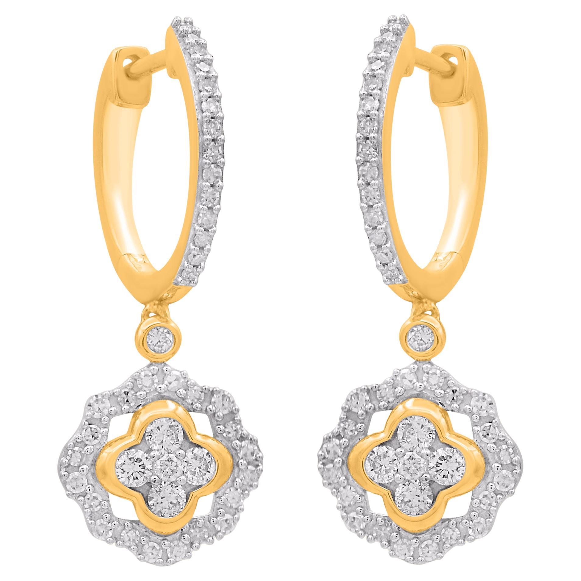 TJD 0.50 Carat Natural Round Diamond 14 Karat Yellow Gold Floral Drop Earrings