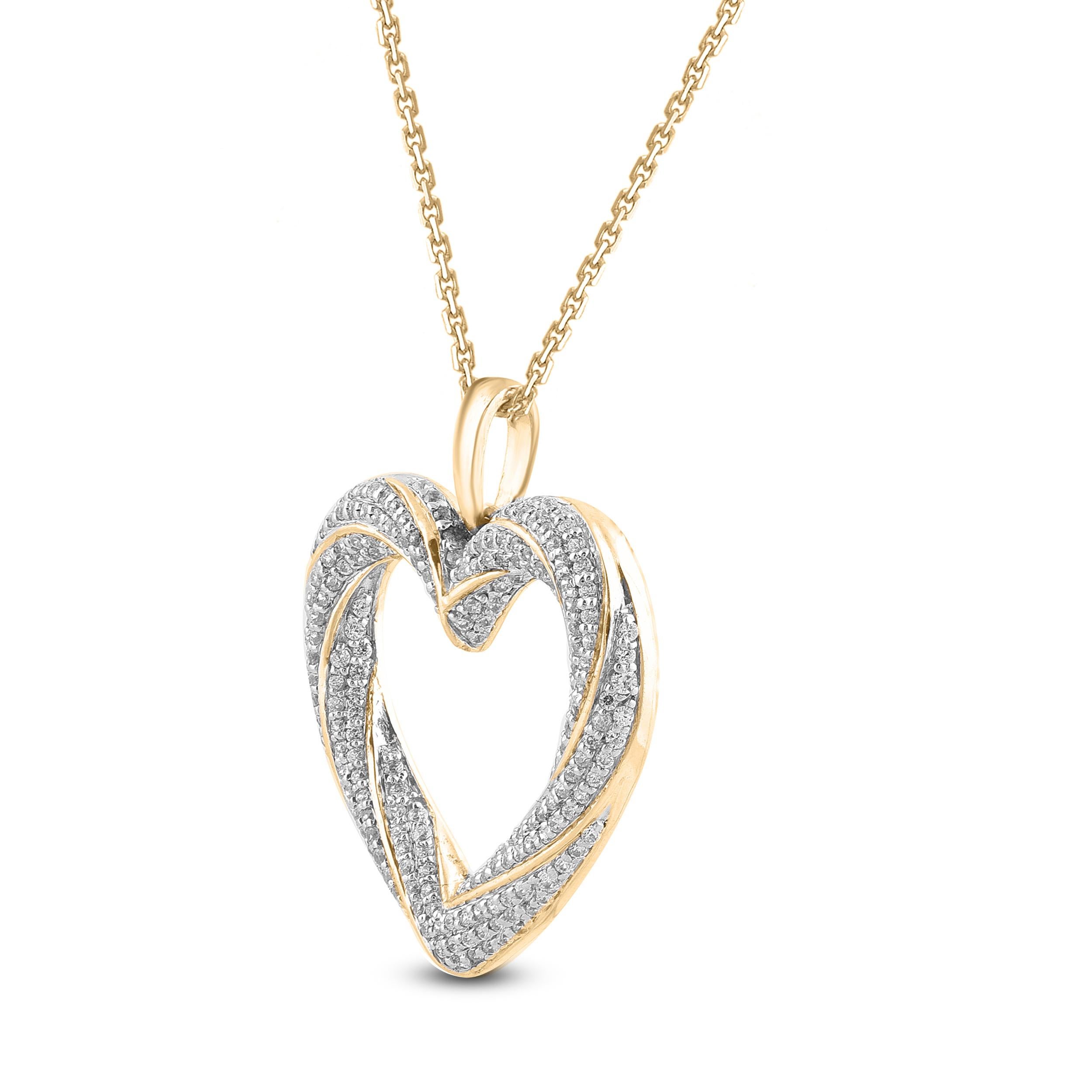 Bring charm to your look with this diamond heart pendant. The pendant is crafted from 14-karat yellow gold and features round 233 white diamonds in pave set. H-I color I-2 clarity and a high polish finish complete the Brilliant  sophistication of