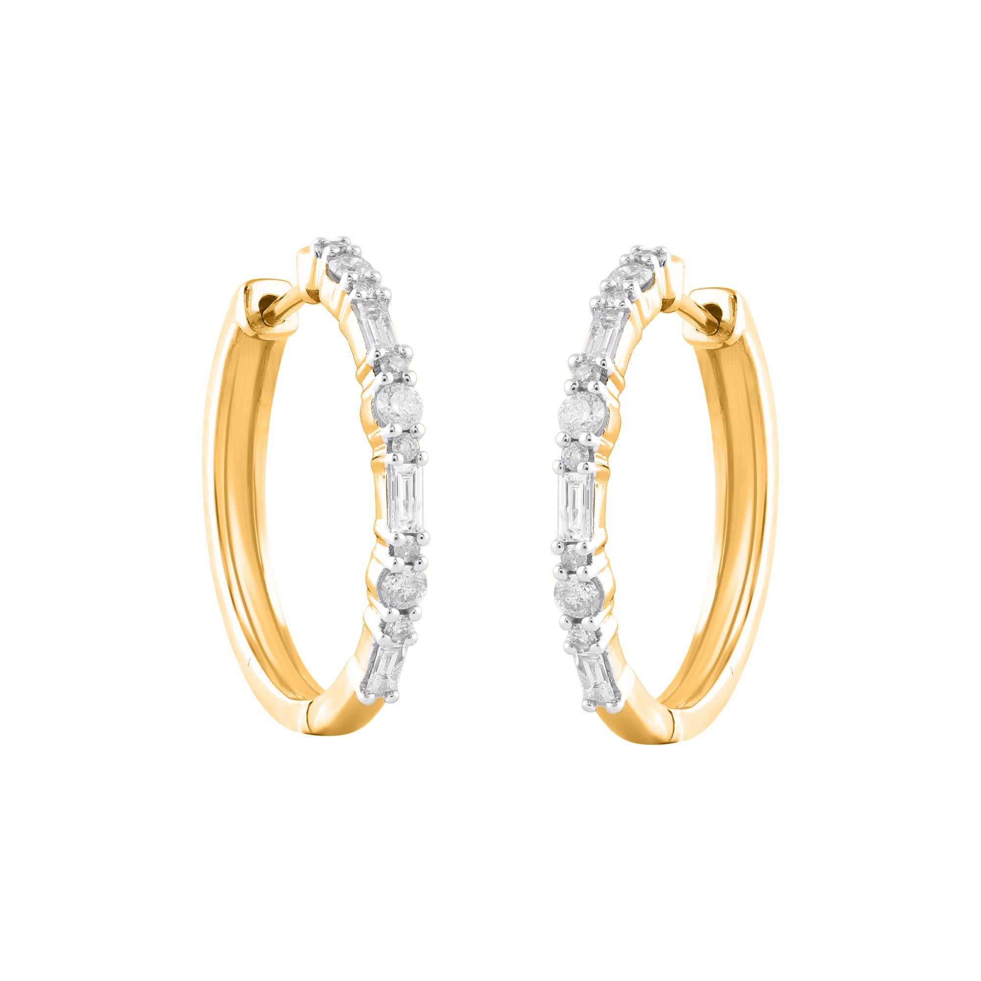 TJD Pendientes de aro de oro amarillo de 14 quilates con diamante redondo natural de 0,50 quilates Moderno en venta