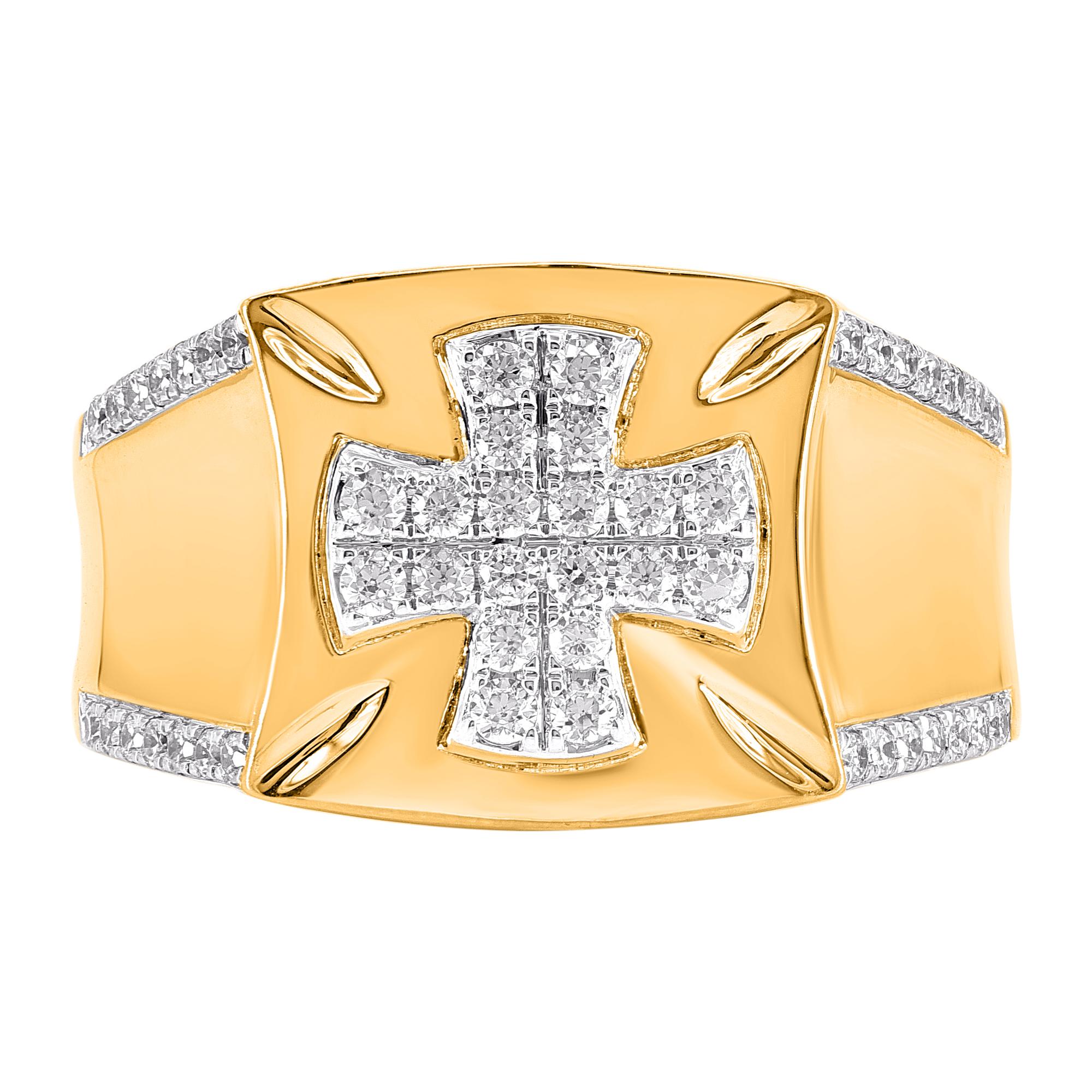 Celebrate your faithful commitment with this meaningful wedding ring for him. Beautifully crafted by our inhouse experts in 14 karat yellow gold and embellished with 48 round diamond set in prong setting. Total diamond weight is 0.50 carat. The