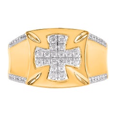 TJD 0.50 Carat Natural Round Diamond 14 Karat Yellow Gold Men's Cross Ring