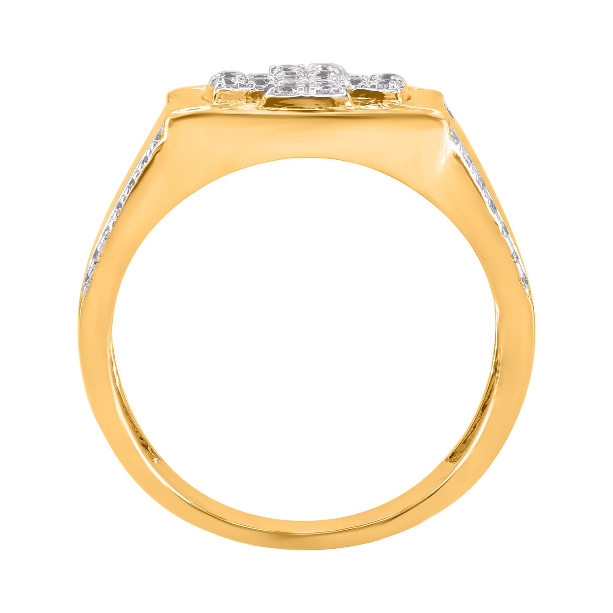 Art Deco TJD 0.50 Carat Natural Round Diamond 14 Karat Yellow Gold Men's Cross Ring For Sale