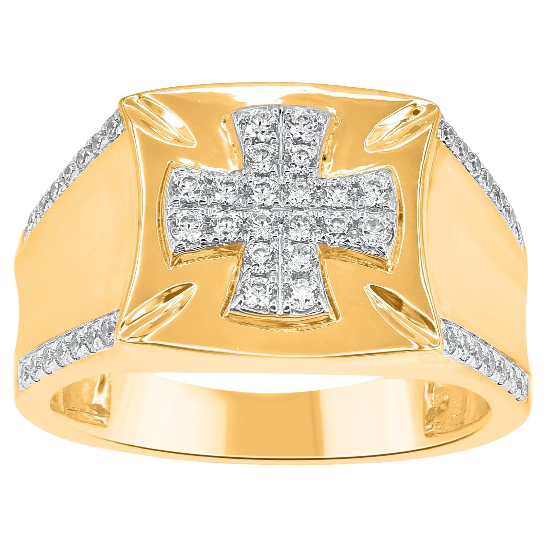 TJD Anillo en cruz para hombre en oro amarillo de 14 quilates con diamante redondo natural de 0,50 quilates
