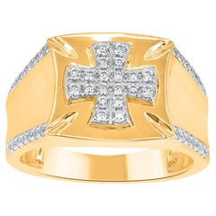 TJD Anillo en cruz para hombre en oro amarillo de 14 quilates con diamante redondo natural de 0,50 quilates