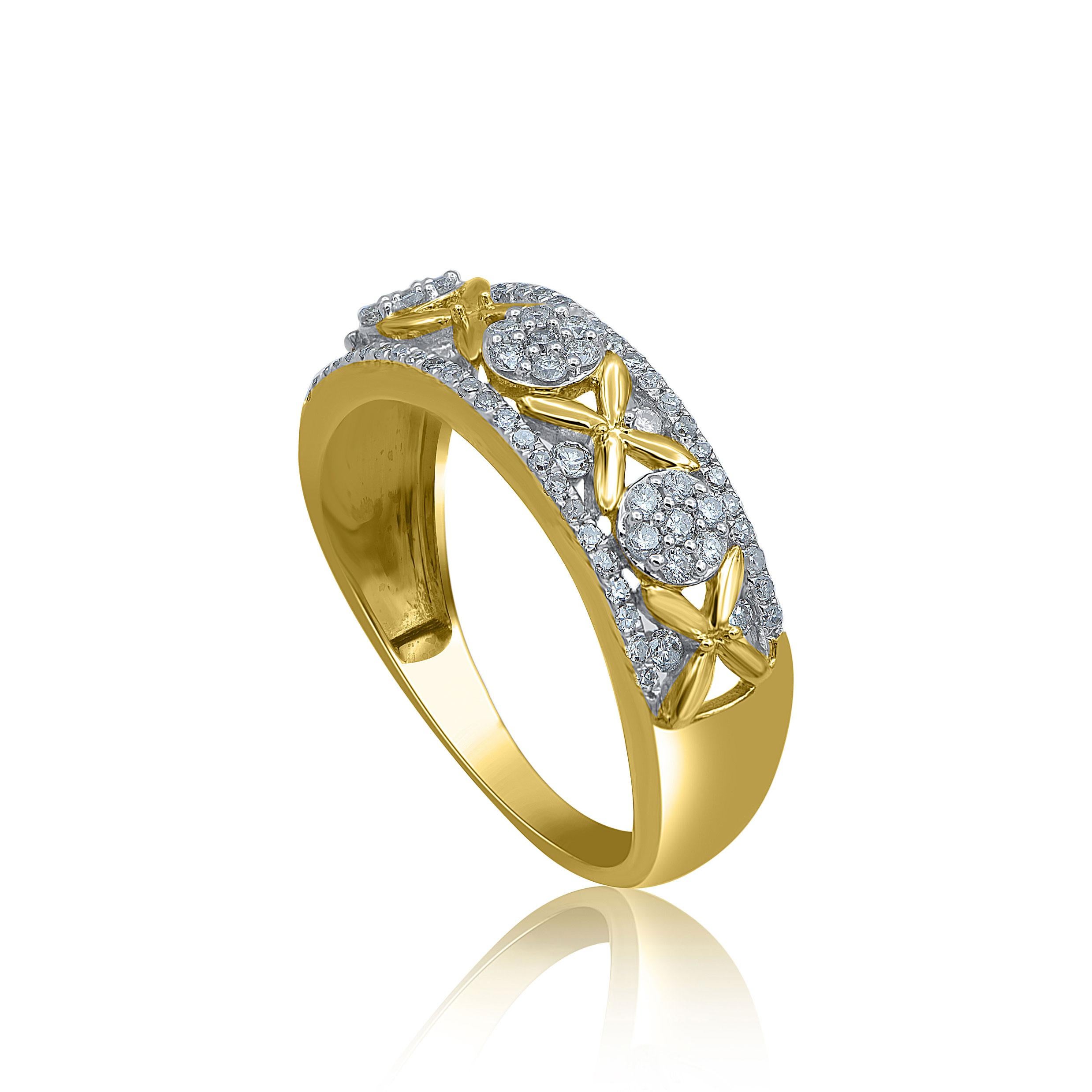 Contemporary TJD 0.50 Carat Natural Round Diamond 14 Karat Yellow Gold Wedding Band Ring For Sale