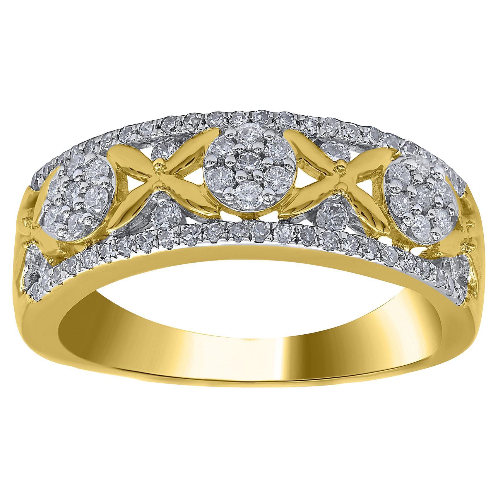 TJD 0.50 Carat Natural Round Diamond 14 Karat Yellow Gold Wedding Band Ring For Sale