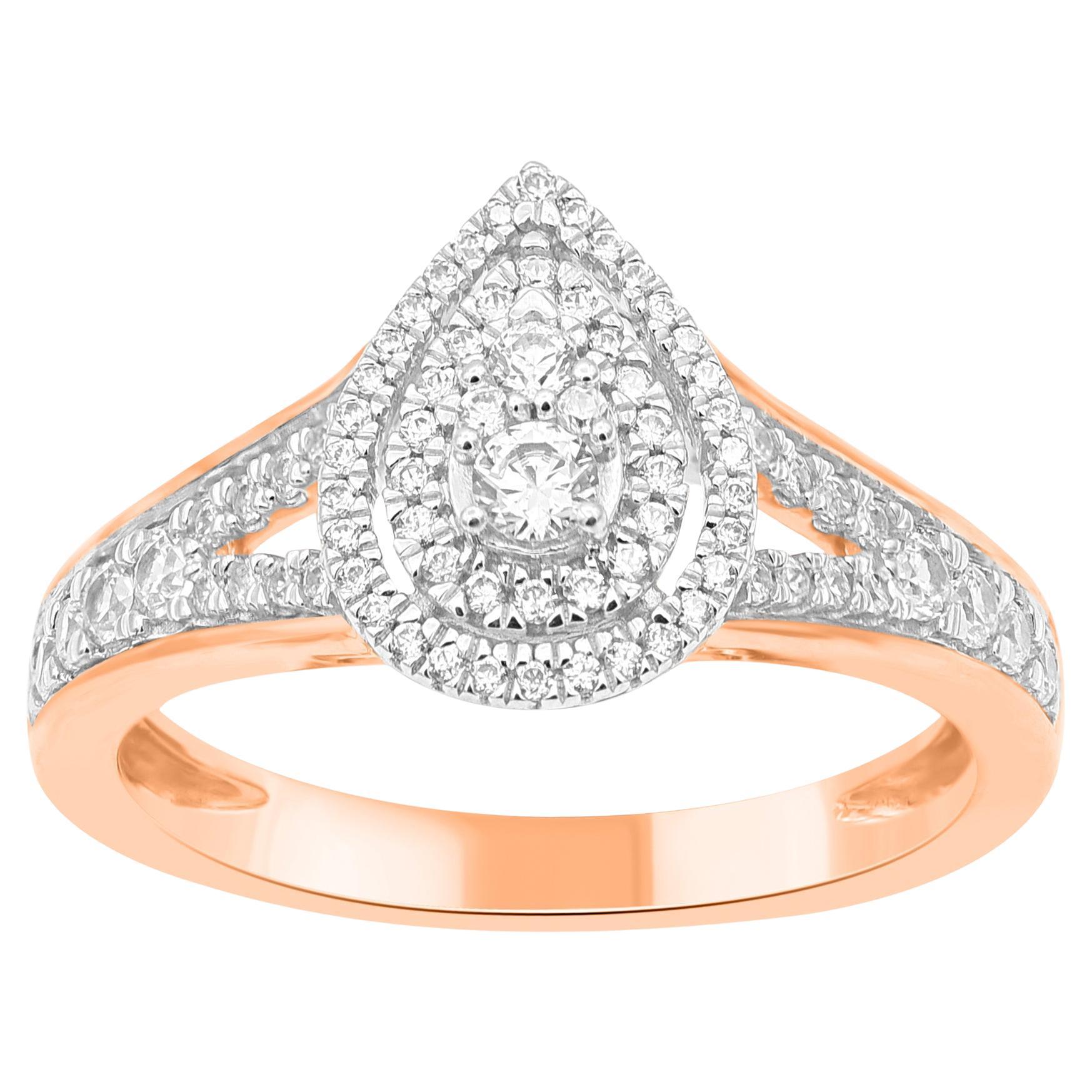 TJD 0.50 Carat Natural Round Diamond 14KT Rose Gold Pear Shape Halo Ring