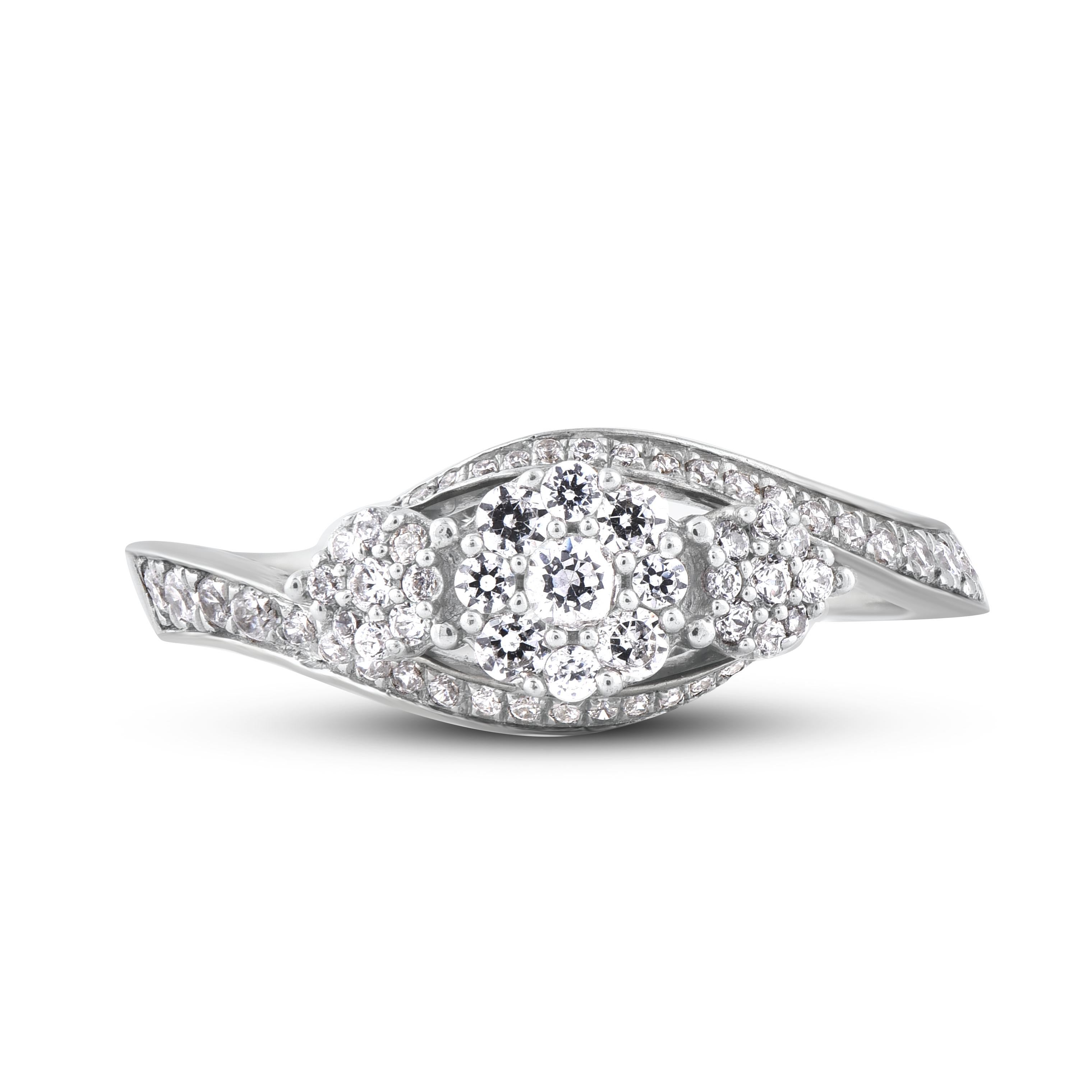 Make lifelong memory with this 3 cluster ring. Crafted in 14 Karat white gold. This diamond ring features a sparkling 61 single cut and brilliant cut round diamonds beautifully set in prong setting. The total diamond weight is 0.50 Carat. The