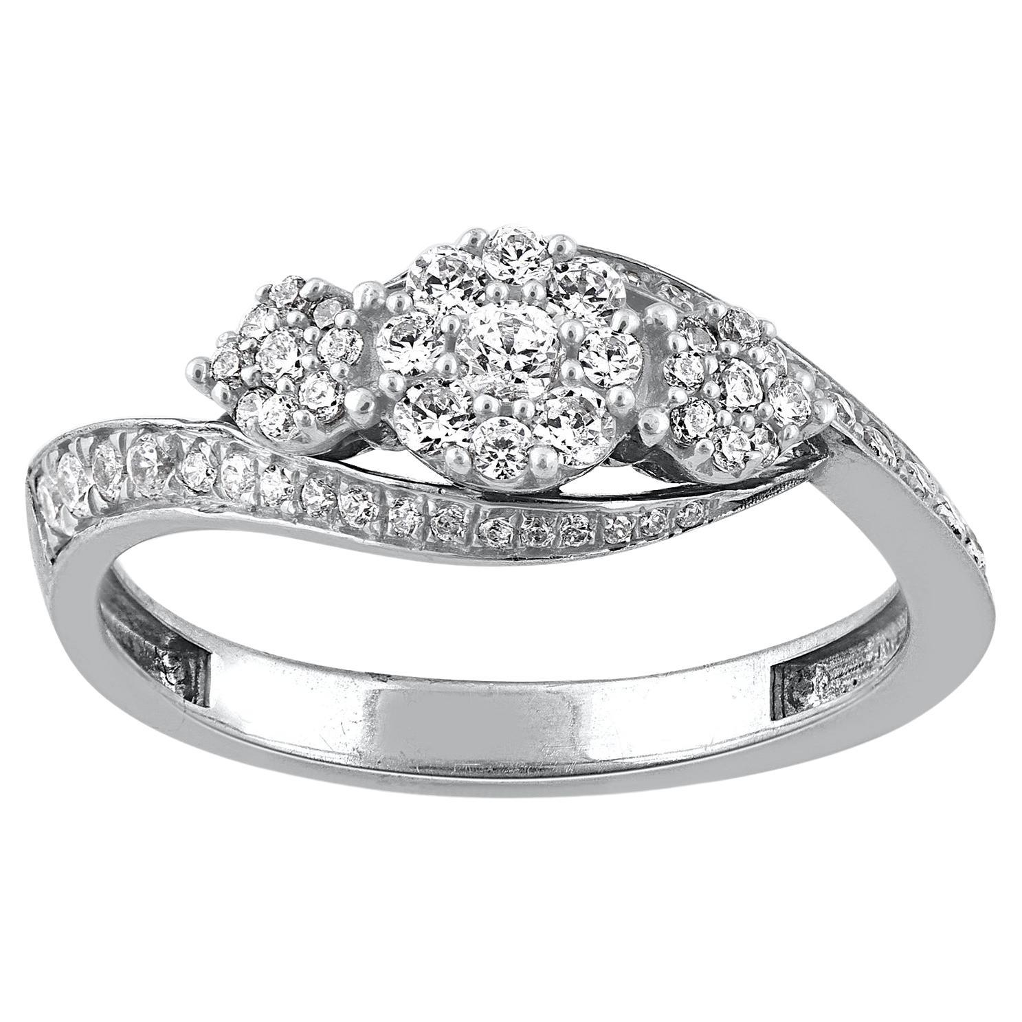 TJD 0.50 Carat Natural Round Diamond 14KT White Gold 3 cluster engagement Ring For Sale