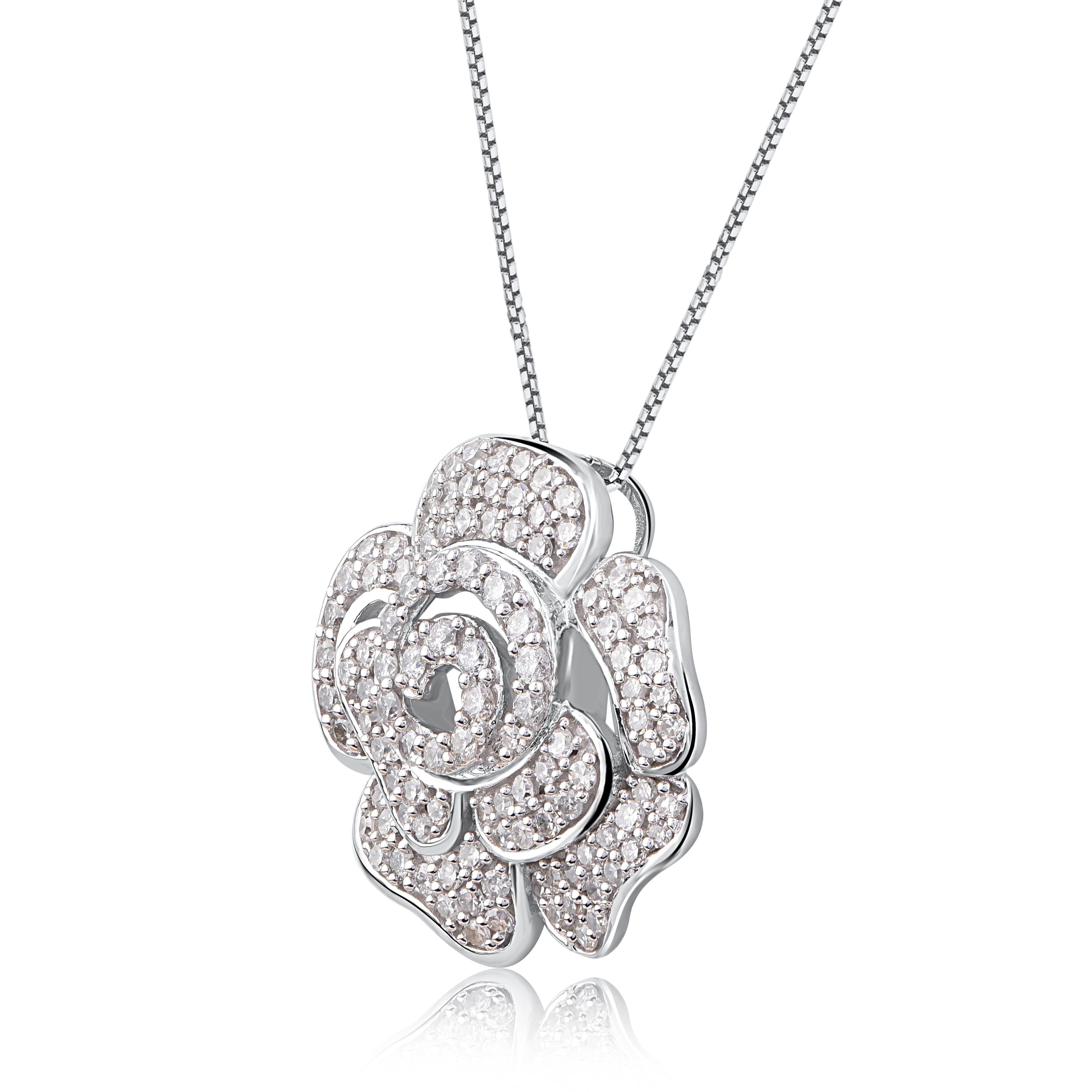 Sweetly shimmering, this diamond pendant is a sparkling choice for day and night. This rose pendant is crafted from 14-karat white gold and features 108 single cut diamonds set in prong & pave setting. H-I color I2 clarity and a high polish finish