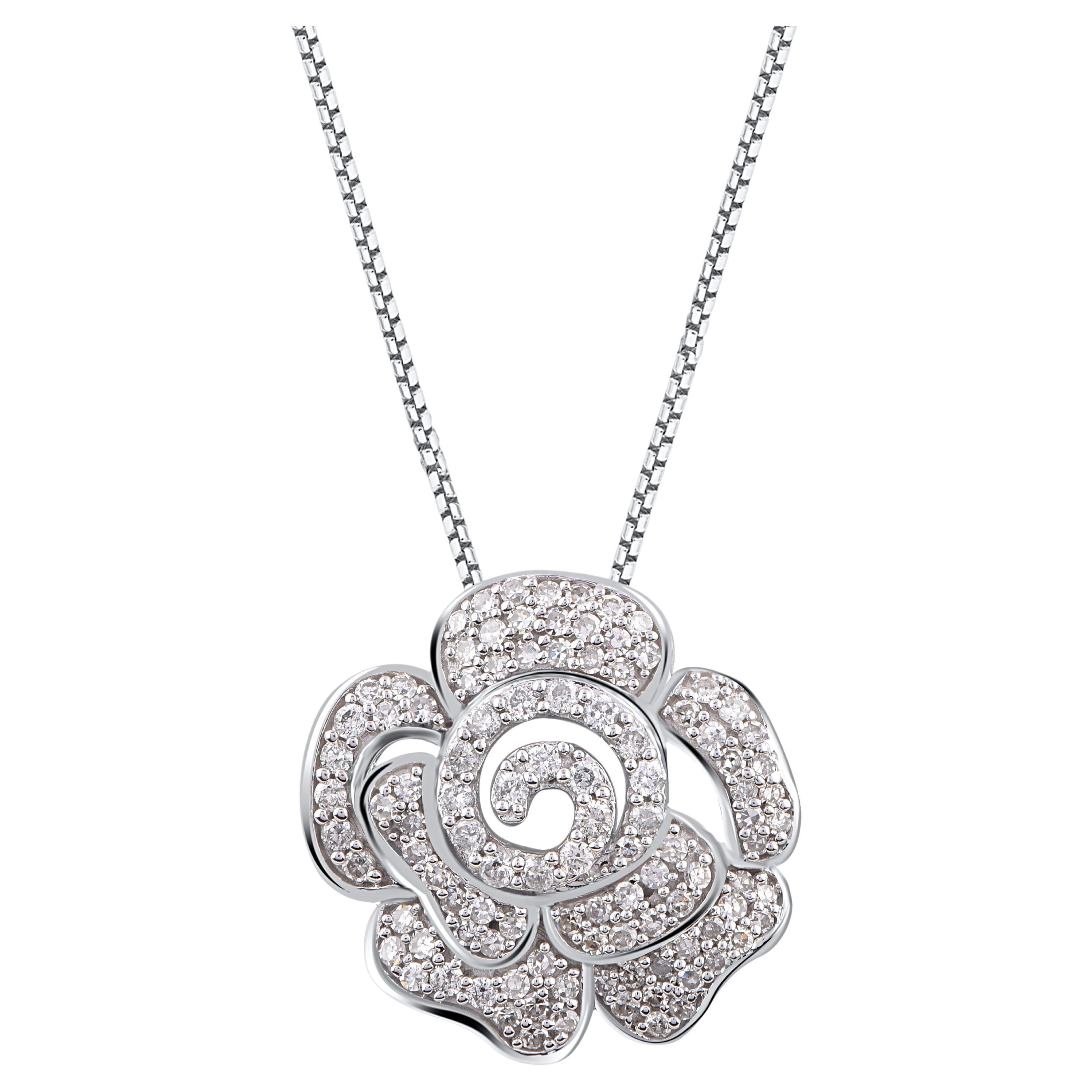 TJD 0.50 Carat Natural Round Diamond 14KT White Gold Rose Pendant Necklace For Sale