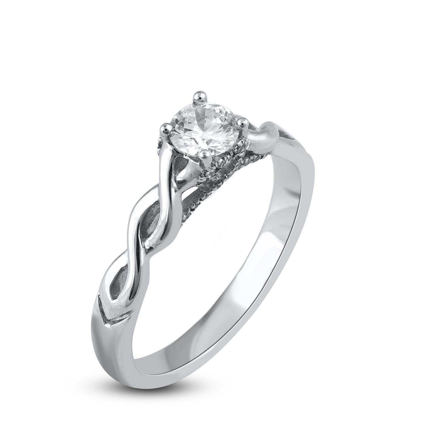 Contemporain Bague de mariage solitaire en or blanc 14 carats avec diamant rond naturel de 0,50 carat TJD en vente