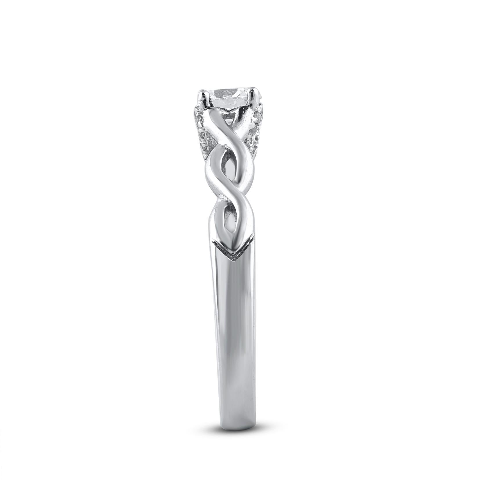 Taille ronde Bague de mariage solitaire en or blanc 14 carats avec diamant rond naturel de 0,50 carat TJD en vente