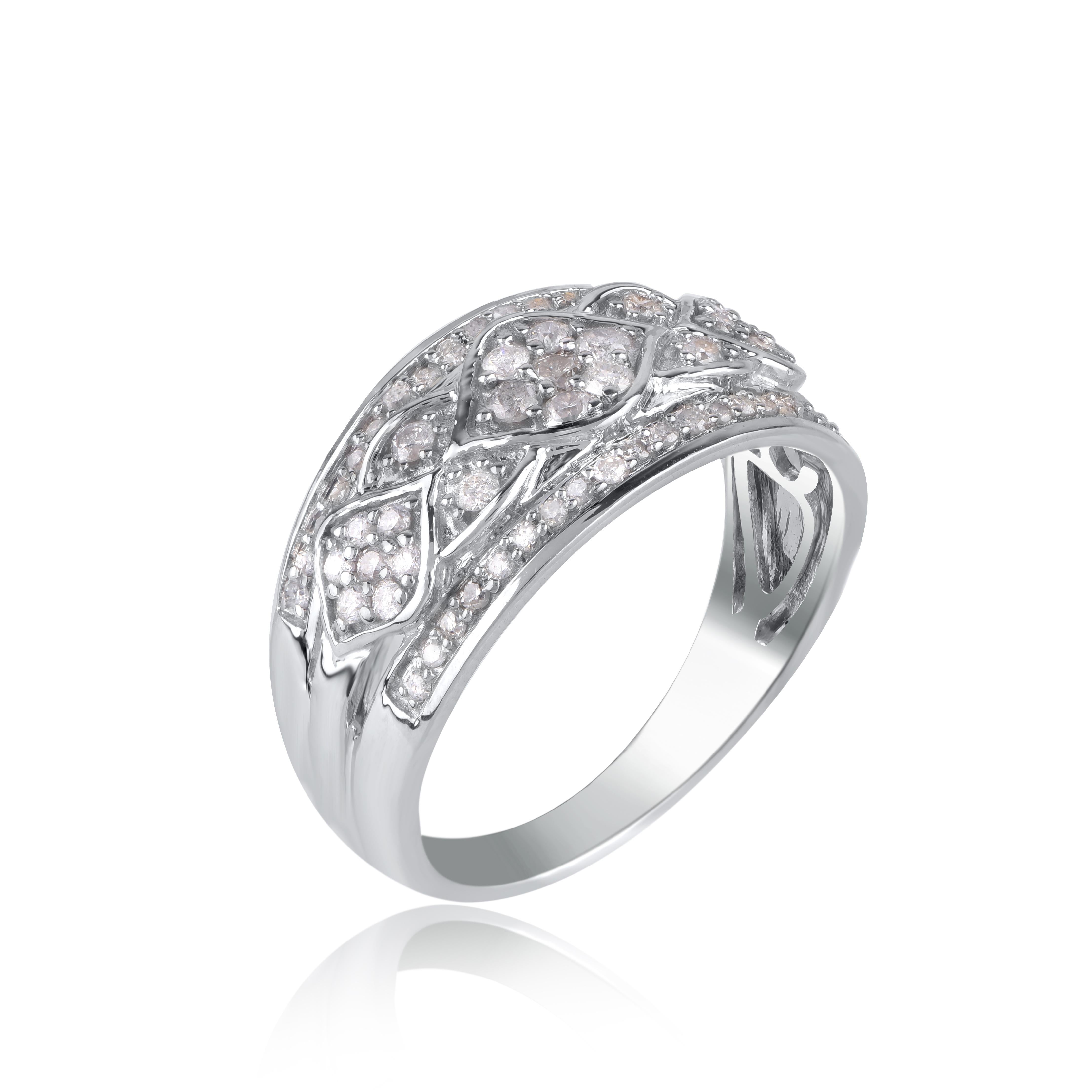 Honor your special day with this exceptional diamond band ring. This band ring features a sparkling 63 brilliant cut diamonds and single cut diamonds beautifully set in pave setting. The total diamond weight is 0.50 Carat. The diamonds are graded as