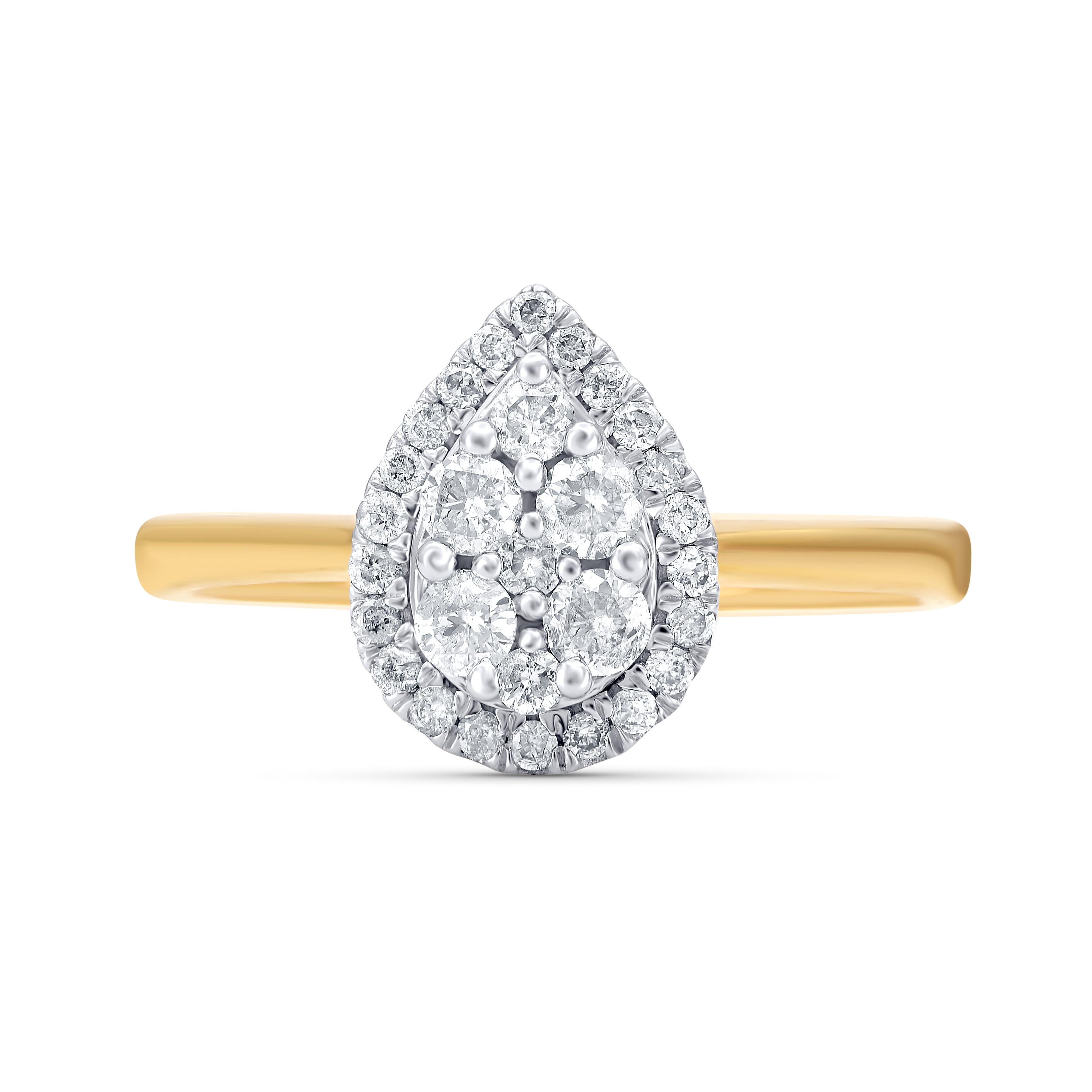 Win her heart with this classic and elegant diamond ring. The diamond ring is crafted from 14 karat yellow gold with 29 brilliant cut diamonds set in prong & pressure setting, dazzles in H-I color I2 clarity and a high polish finish complete the