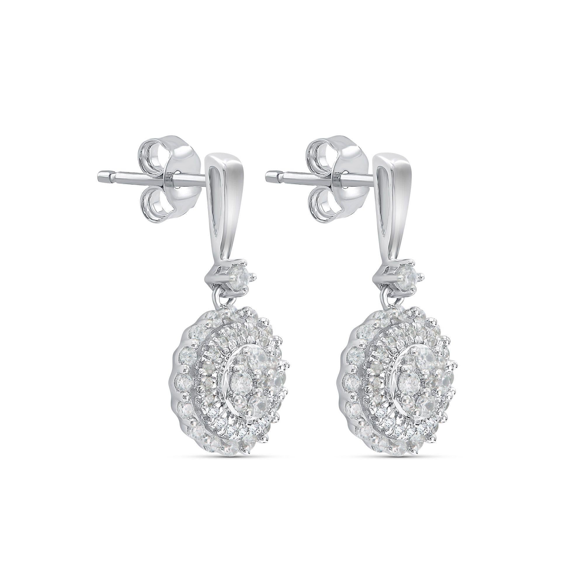 Contemporary TJD 0.50 Carat Diamond 18 Karat White Gold Cluster Classic Dangling Earrings For Sale