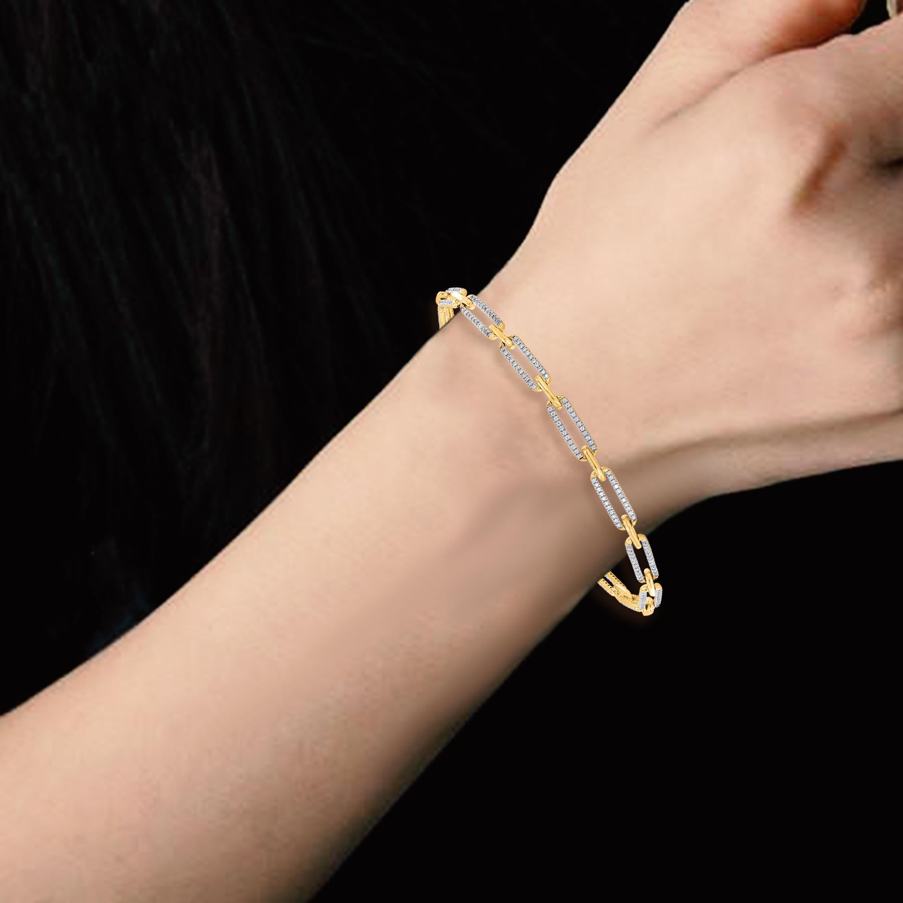 Round Cut TJD 0.50 Carat Natural Round Diamond 18KT Yellow Gold Paper Clip Link Bracelet For Sale