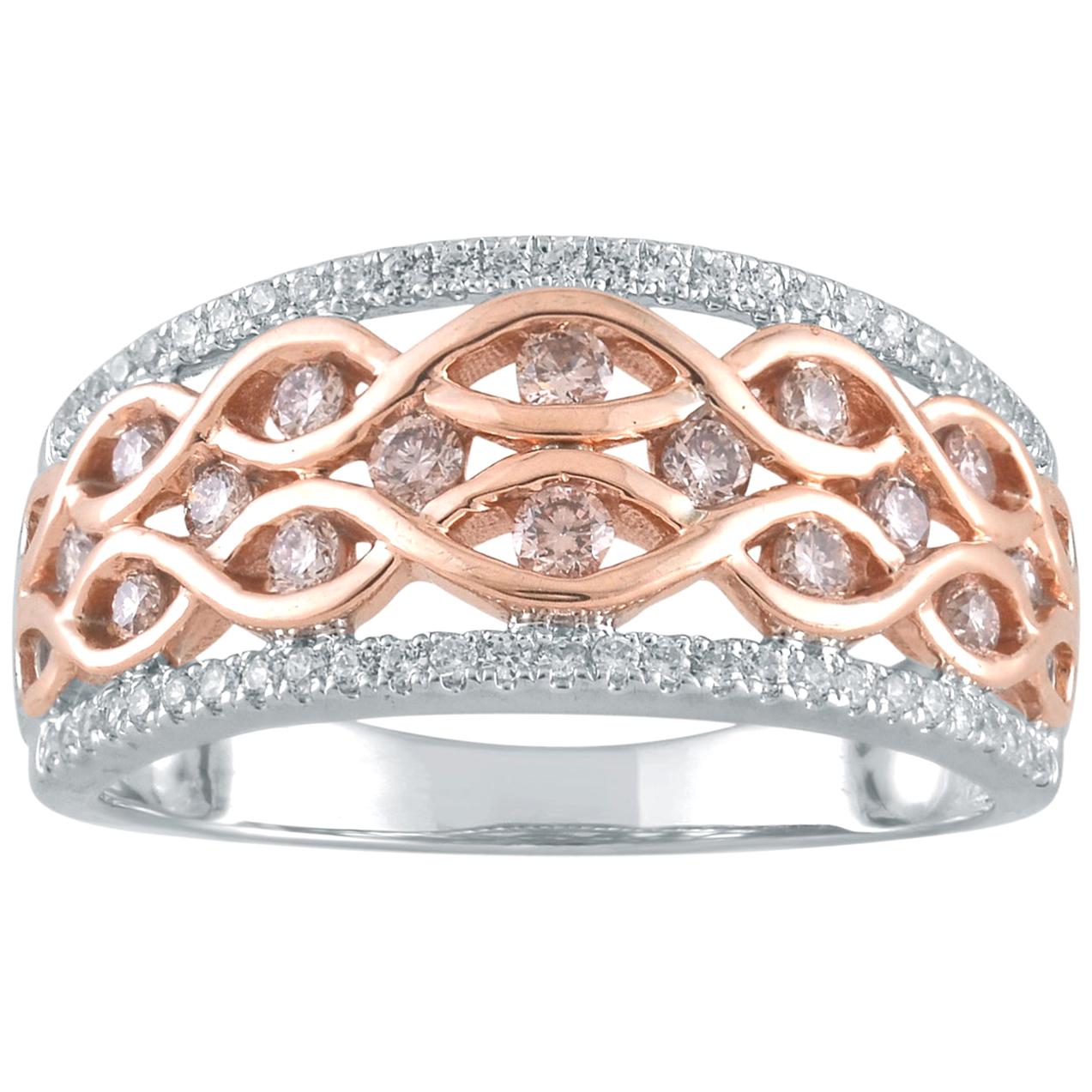 TJD 1/2Carat Nat. Pink Rosé/White Diamond 18K White Gold Crisscross Wedding Band