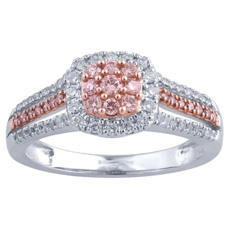 TJD 0.50 Carat Nat. Pink Rosé & White Diamond 18Kt White Gold Cushion Frame Ring