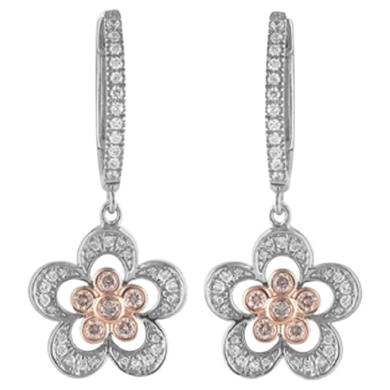 TJD 1/2Carat Nat. Boucles d'oreilles pendantes à fleurs en or blanc 18 carats avec rose rosé et diamants blancs