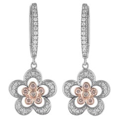 TJD 1/2Carat Nat. Boucles d'oreilles pendantes à fleurs en or blanc 18 carats avec rose rosé et diamants blancs