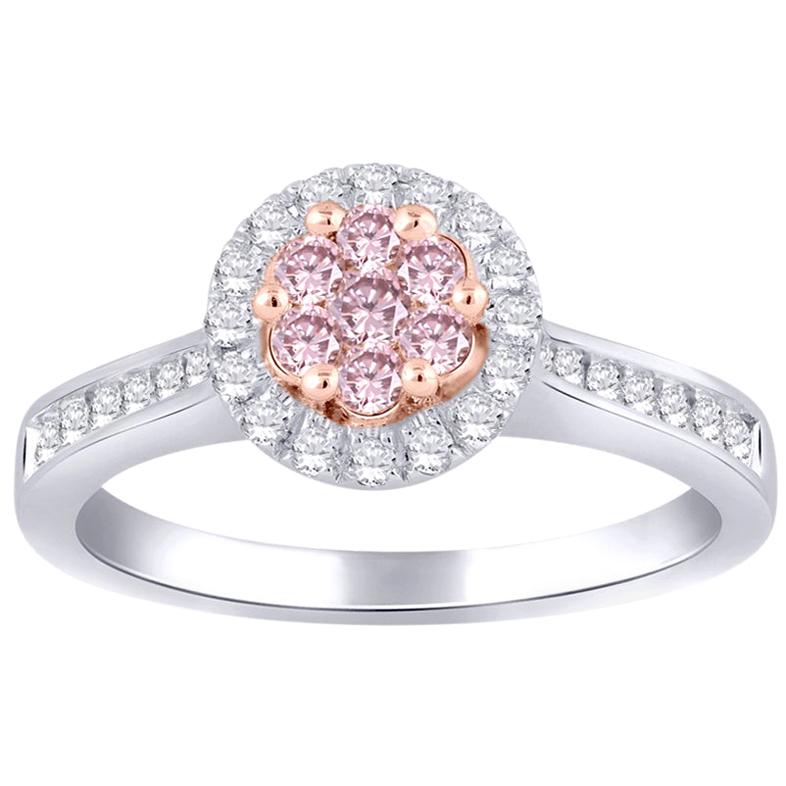 TJD 0.50 Carat Nat. Pink Rosé & White Diamond 18 Kt White Gold Halo Cluster Ring