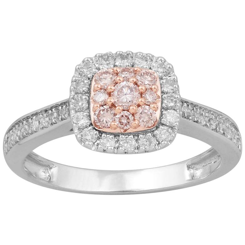 TJD 0.50 Carat Nat. Pink Rosé & White Diamond 18Kt 2-tone Gold Halo Cushion Ring