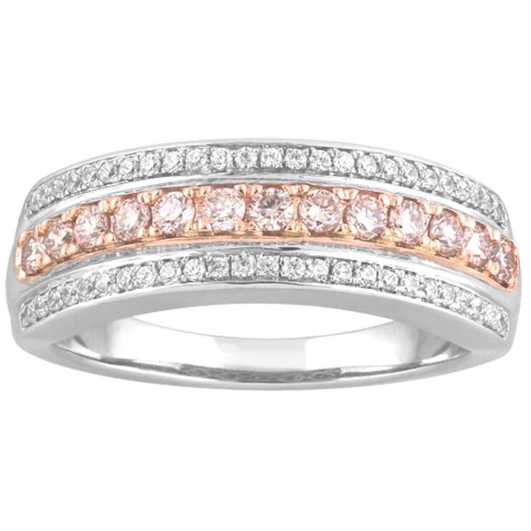 TJD 1/2 Ct Nat. Diamants roses rosés et blancs  Anneau de mariage à trois rangées en or blanc 18 carats