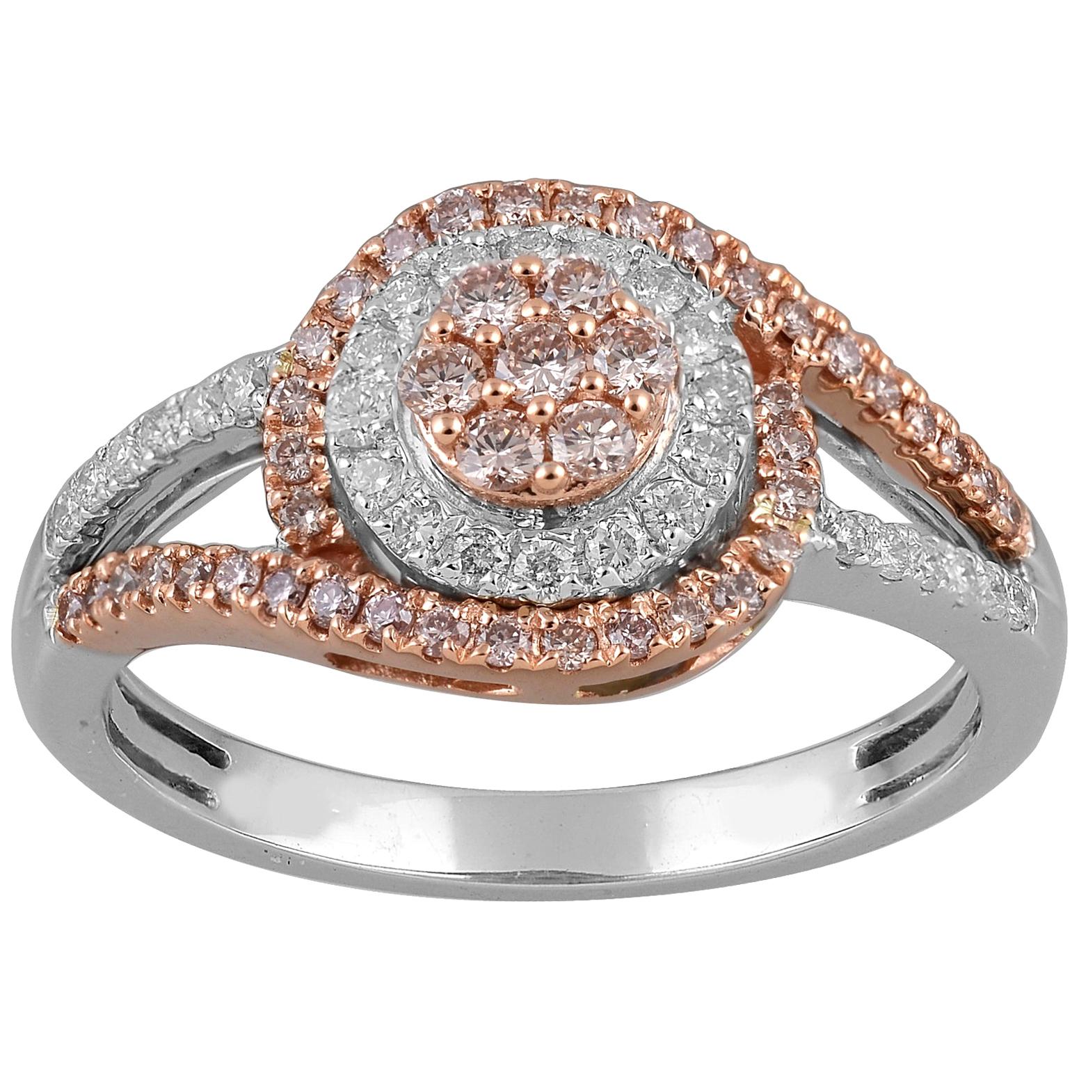 TJD 0.50Carat Nat. Pink Rosé & White Diamond 18K White Gold Twisted Cluster Ring
