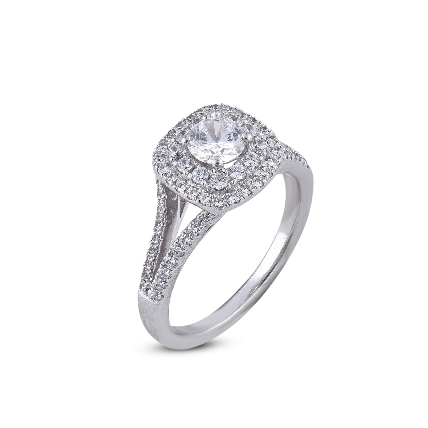 Beautiful Round Natural Diamond Double Frame Engagement Ring. This ring is beautifully designed in 18 karat white gold with 47 round diamond 0.30ct centre stone and 0.15ct diamond frame and shank lined diamonds set in prong setting. The diamond are