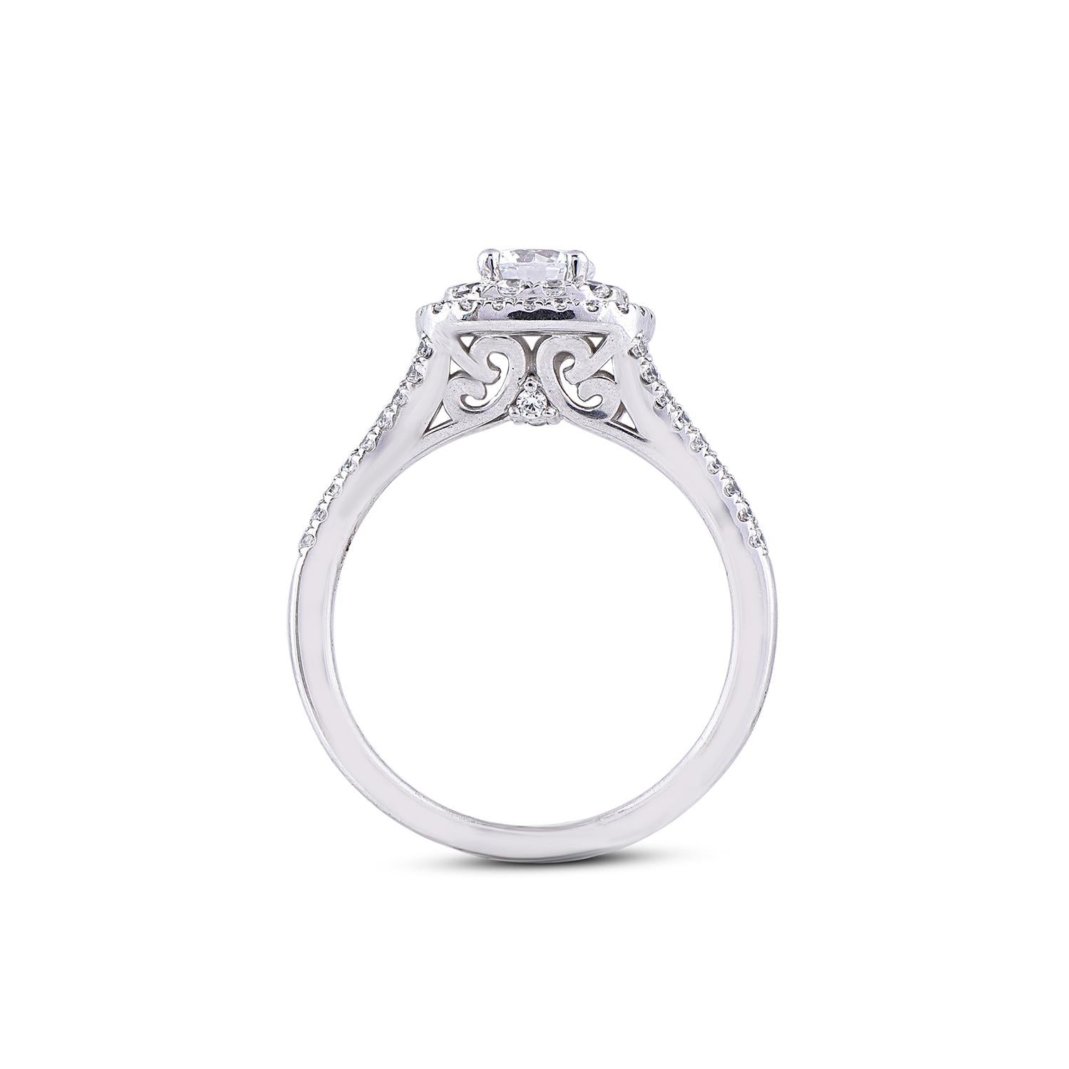 Round Cut TJD 0.50 Carat Round 18 Karat White Gold Double Frame Diamond Engagement Ring For Sale