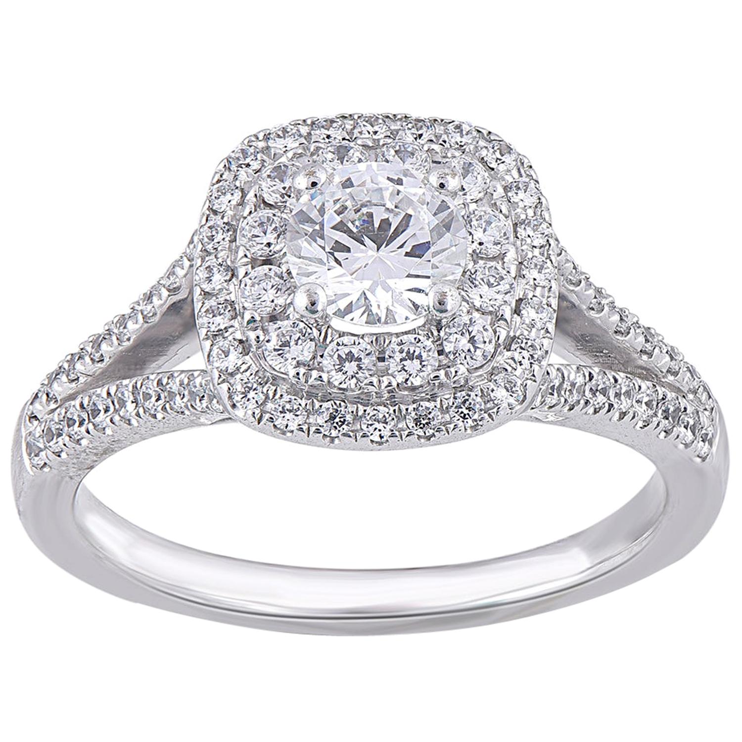 TJD 0.50 Carat Round 18 Karat White Gold Double Frame Diamond Engagement Ring For Sale