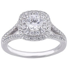 TJD 0.50 Carat Round 18 Karat White Gold Double Frame Diamond Engagement Ring