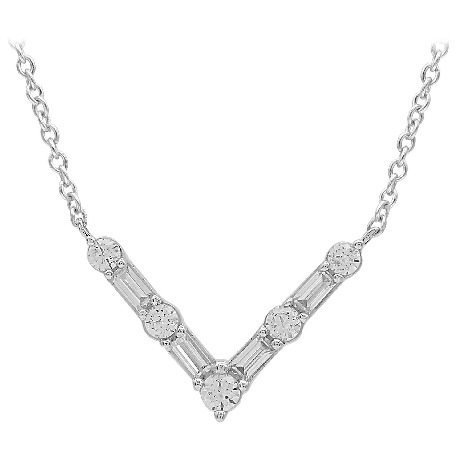 TJD 0.50 Carat Round and Baguette 14 Karat White Gold Initial V Diamond Pendant