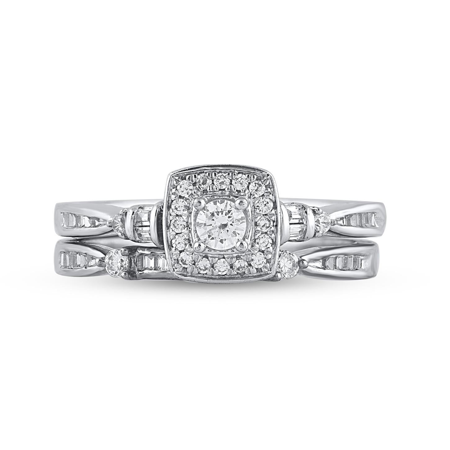 Express your love with this classic and traditional diamond bridal set. Crafted in 14 Karat white gold. This wedding ring features a sparkling 56 brilliant cut, single cut round diamonds and baguette cut diamonds beautifully set in prong, pave and