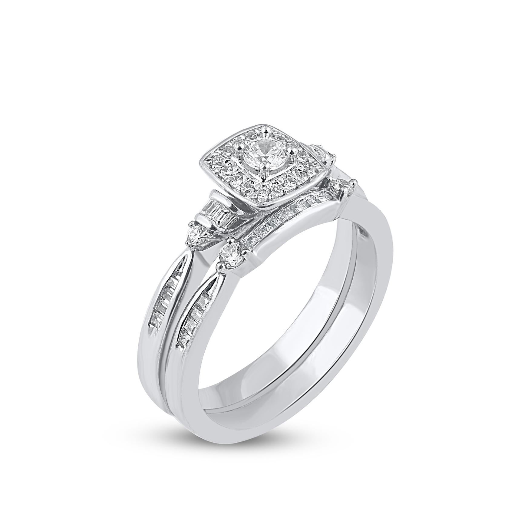 Contemporary TJD 0.50 Carat Round and Baguette cut Diamond 14KT White Gold Bridal Ring Set For Sale