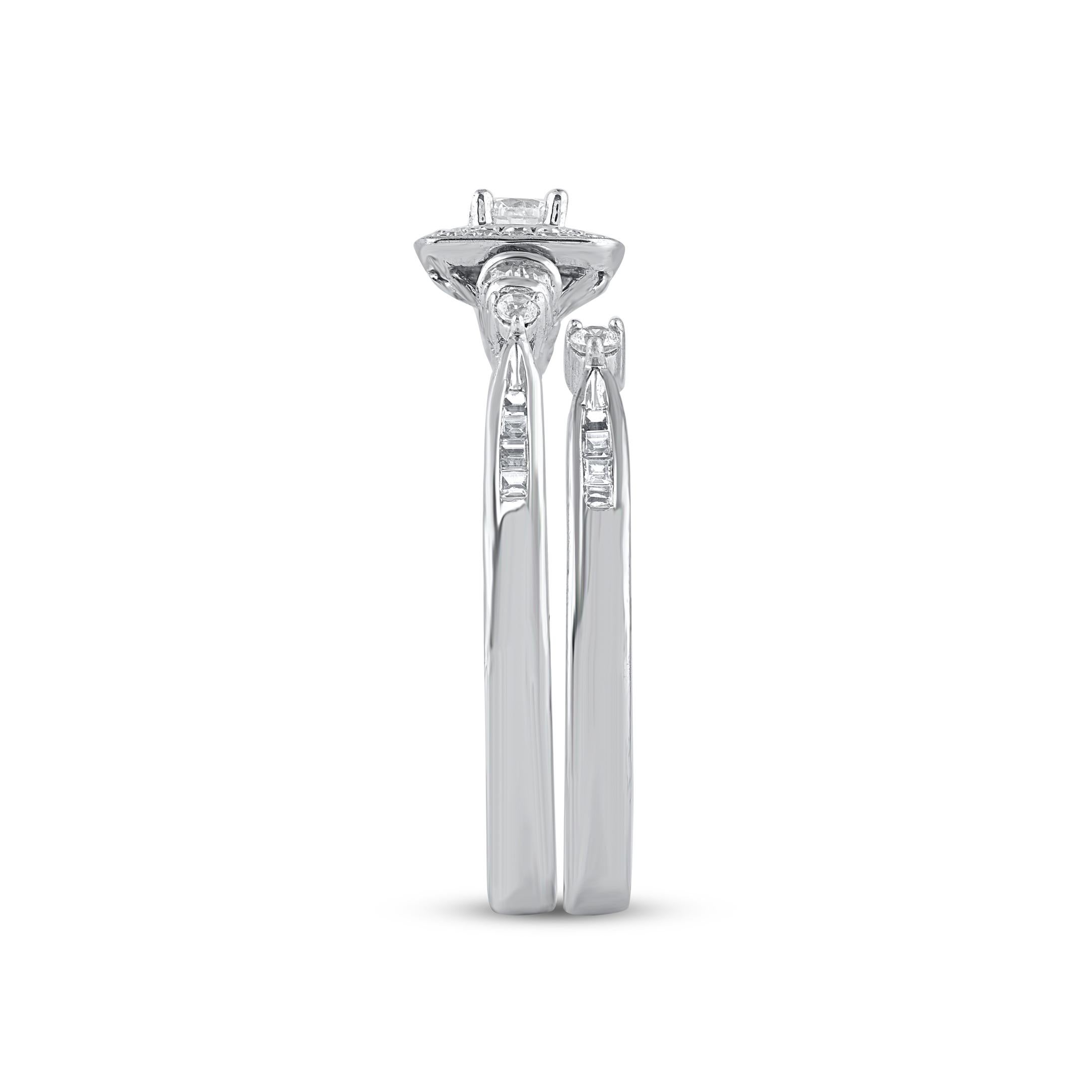 Taglio misto TJD 0,50 carati di diamante rotondo e taglio baguette in oro bianco 14KT Set di anelli nuziali in vendita