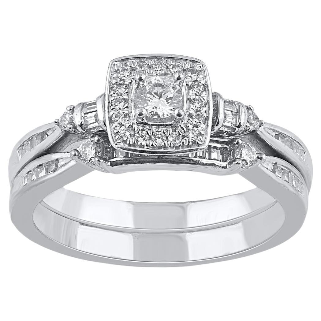 TJD Juego de Anillos de Novia de Oro Blanco de 14 KT con Diamantes Redondos y Baguette de 0,50 Quilates