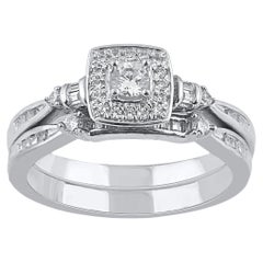 TJD Juego de Anillos de Novia de Oro Blanco de 14 KT con Diamantes Redondos y Baguette de 0,50 Quilates