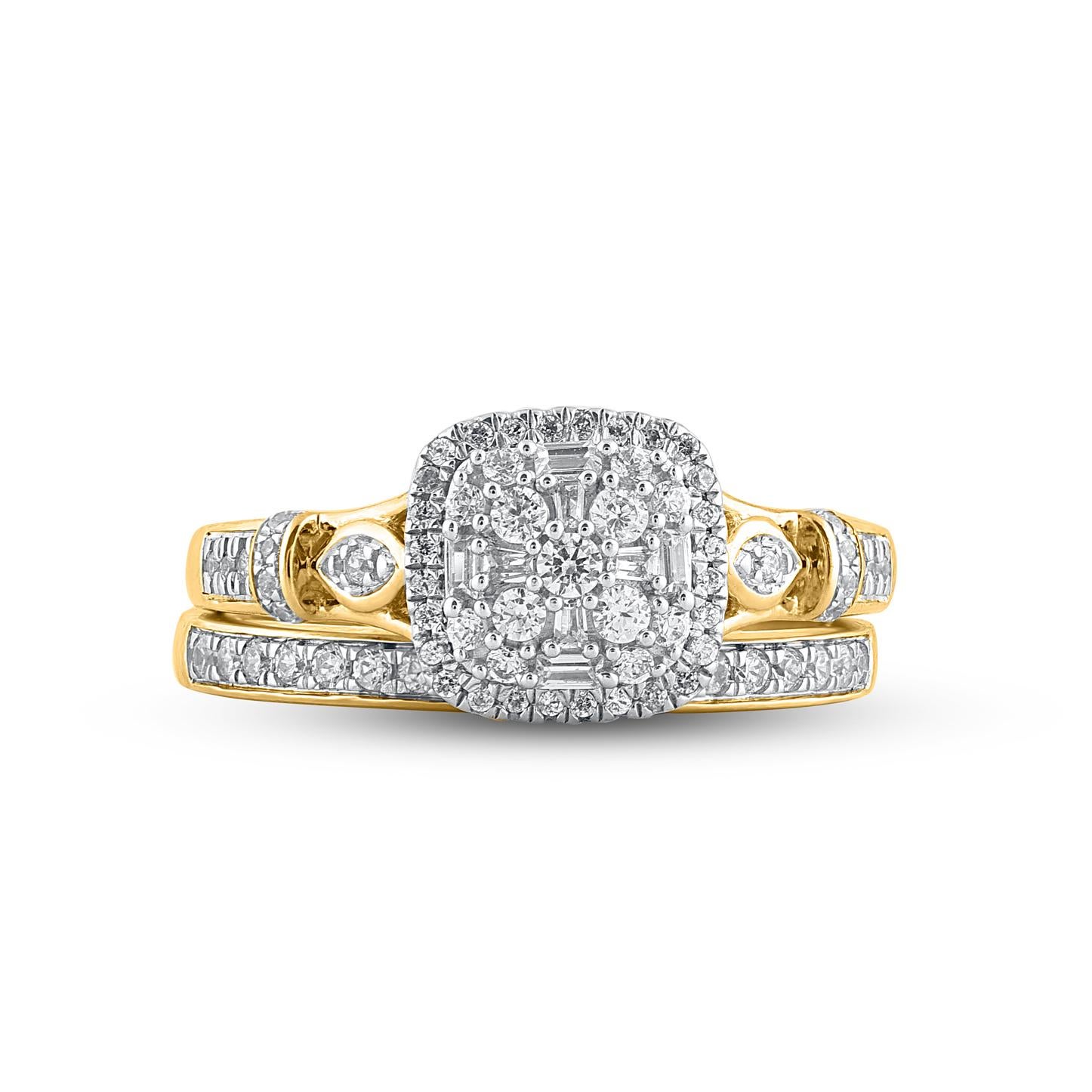 Express your love for her in the most classic way with this halo wedding ring. This ring is expertly crafted in 14 Karat yellow gold and features of this ring brilliant cut, single cut and baguette cut 90 diamond set in pave & prong setting. Total