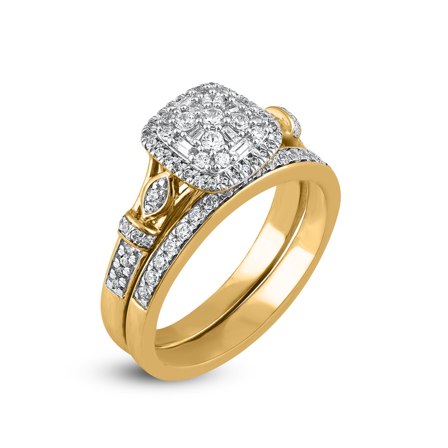 Contemporary TJD 0.50 Carat Round and Baguette Cut Diamond 14KT Yellow Gold Halo Wedding Ring For Sale