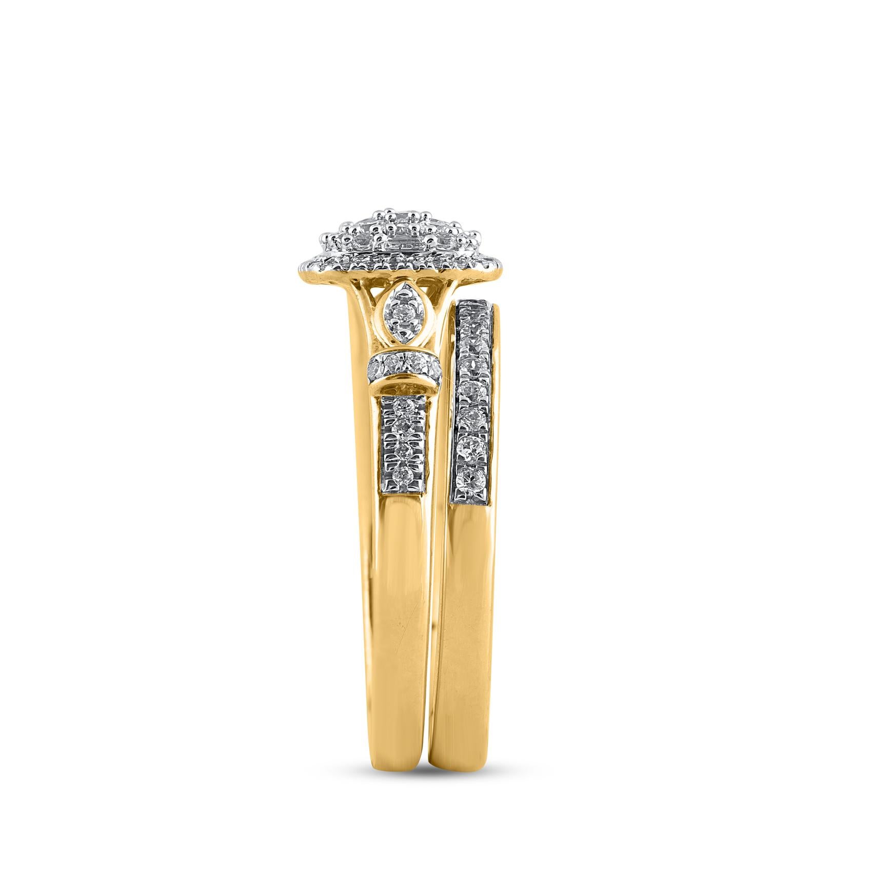 Mixed Cut TJD 0.50 Carat Round and Baguette Cut Diamond 14KT Yellow Gold Halo Wedding Ring For Sale