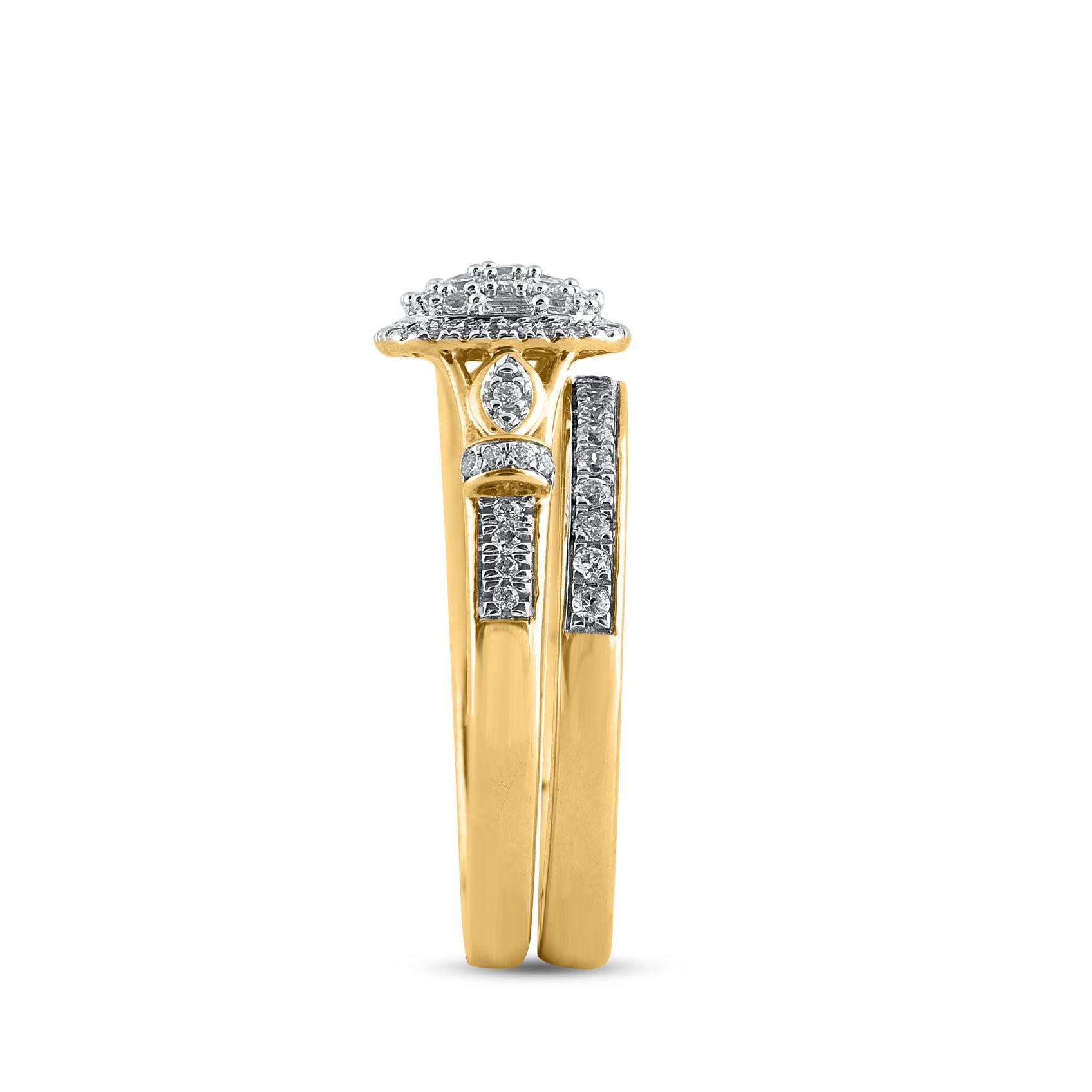 TJD Alianza de boda con halo de diamantes redondos y talla baguette de 0,50 quilates y oro amarillo de 14 quilates Corte mixto en venta