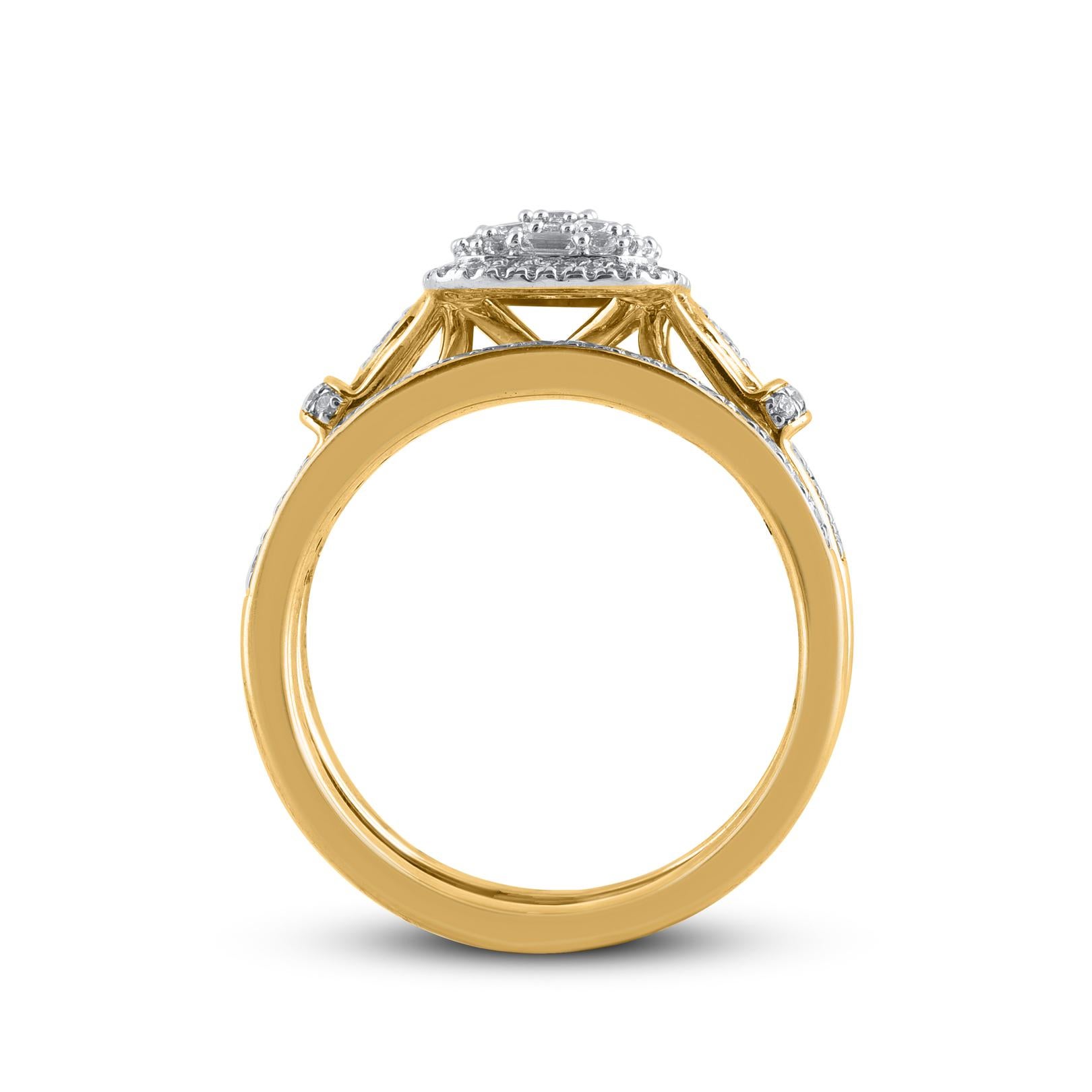 TJD 0.50 Carat Round and Baguette Cut Diamond 14KT Yellow Gold Halo Wedding Ring In New Condition For Sale In New York, NY