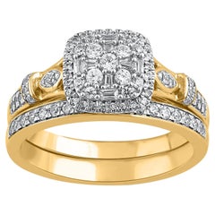 TJD 0.50 Carat Round and Baguette Cut Diamond 14KT Yellow Gold Halo Wedding Ring