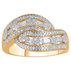 TJD 0.50 Carat Round and Baguette Diamond 10 Karat Yellow Gold Bypass Ring